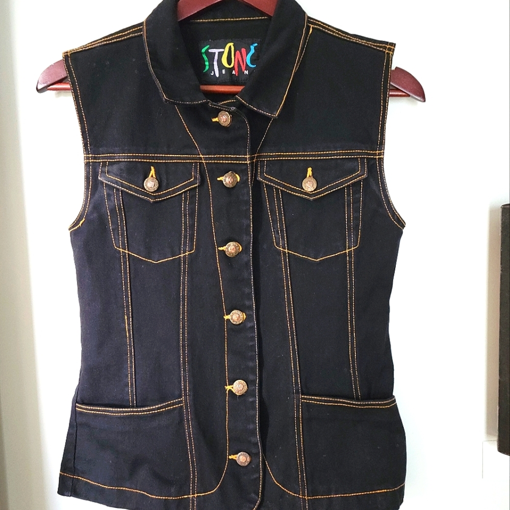 Vintage Stone Jeans Denim Dark Indigo Wash Button Down Vest